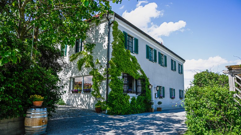 Außenansicht, © Werner Wachsmann Verlag Außenansicht eines weißen Hauses mit grünen Fensterläden und Efeu an der Fassade.