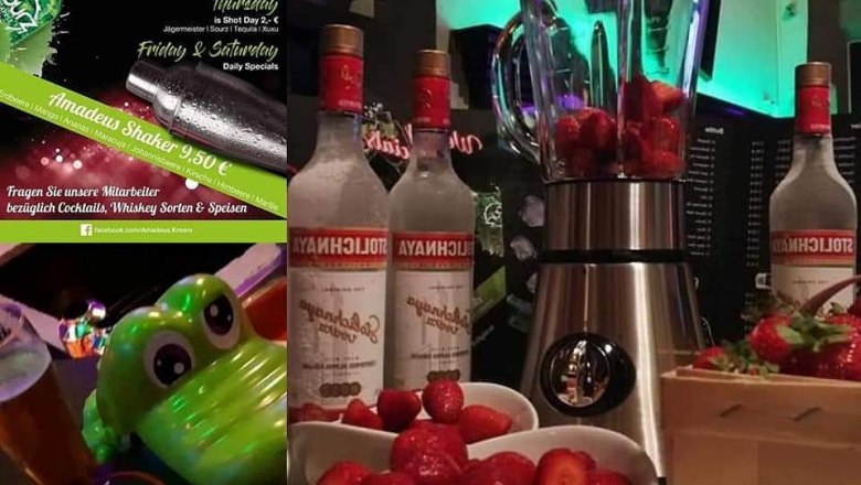 bar-amadeus, © Bar Amadeus Bar with vodka bottles, strawberries and blender.