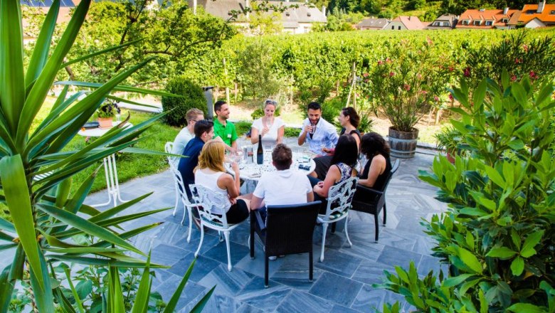 Bei der Weinverkostung, © Wachau Explorer Gruppe von Menschen bei einer Weinverkostung im Freien, umgeben von Weinbergen.