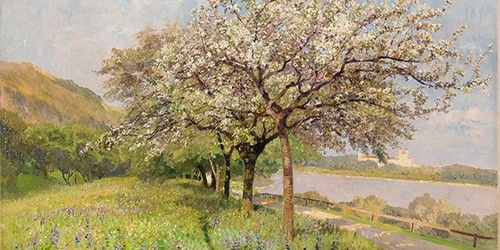 Maria Egner, Frühling an der Donau mit Blick gegen Stift Melk, Öl auf Leinwand, 1904/06