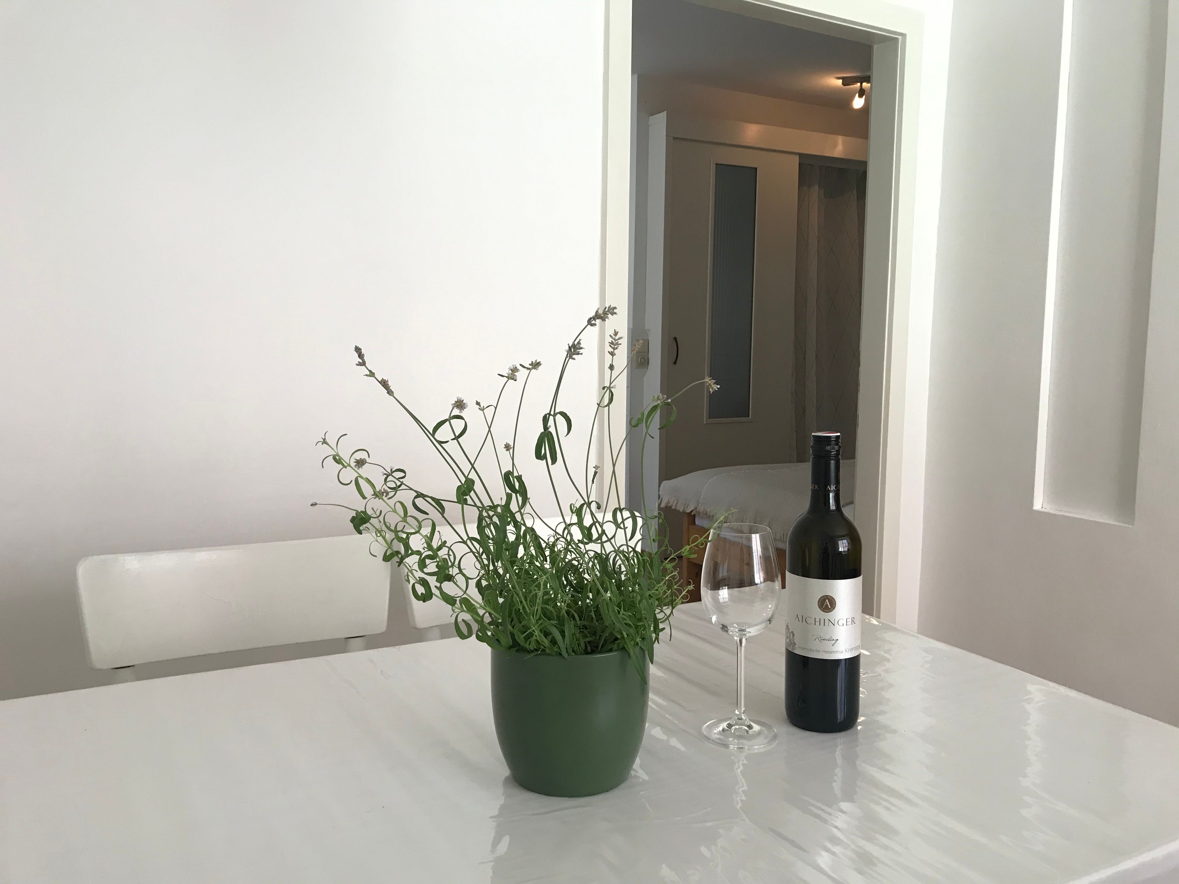Ein Tisch mit einer Weinflasche, einem Weinglas und einer Pflanze in einem Raum.