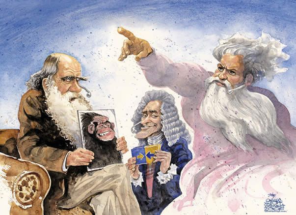 Oliver Schopf, Fiktive Talkshow: Charles Darwin gegen Gott, Moderation Voltaire, 2006 © Oliver Schop