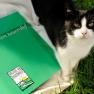 A black and white cat sits next to a green folder with the inscription 'Vacation on a farm'.