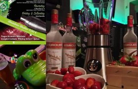 Bar mit Wodkaflaschen, Erdbeeren und Mixer.