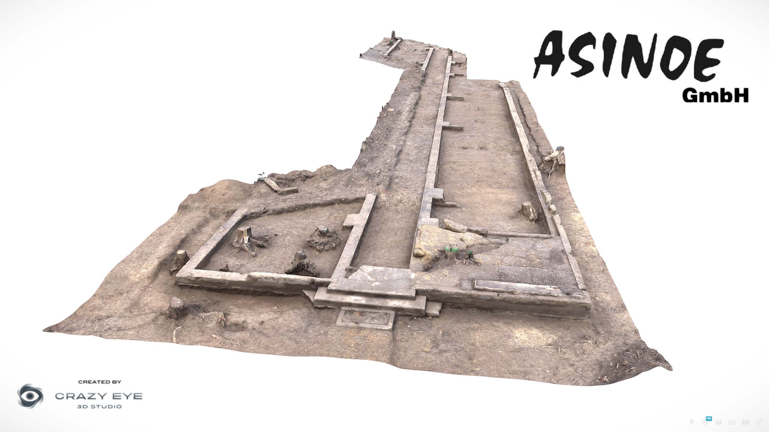3D-Modell einer archäologischen Ausgrabungsstätte mit rechteckigen Strukturen und Erdoberfläche.
