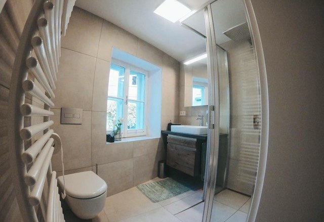 Modern bathroom with shower, washbasin and toilet.