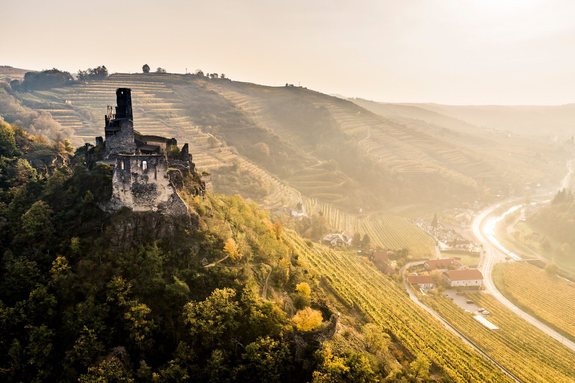 Die Ruine thront majestätisch über den sanften Hügeln, umgeben von goldenen Herbstfarben, die die Landschaft in ein warmes Licht tauchen. Ein sanfter Wind weht durch die Weinreben, während die Sonne langsam am Horizont sinkt und eine friedliche Atmosphäre schafft, die zum Verweilen einlädt.